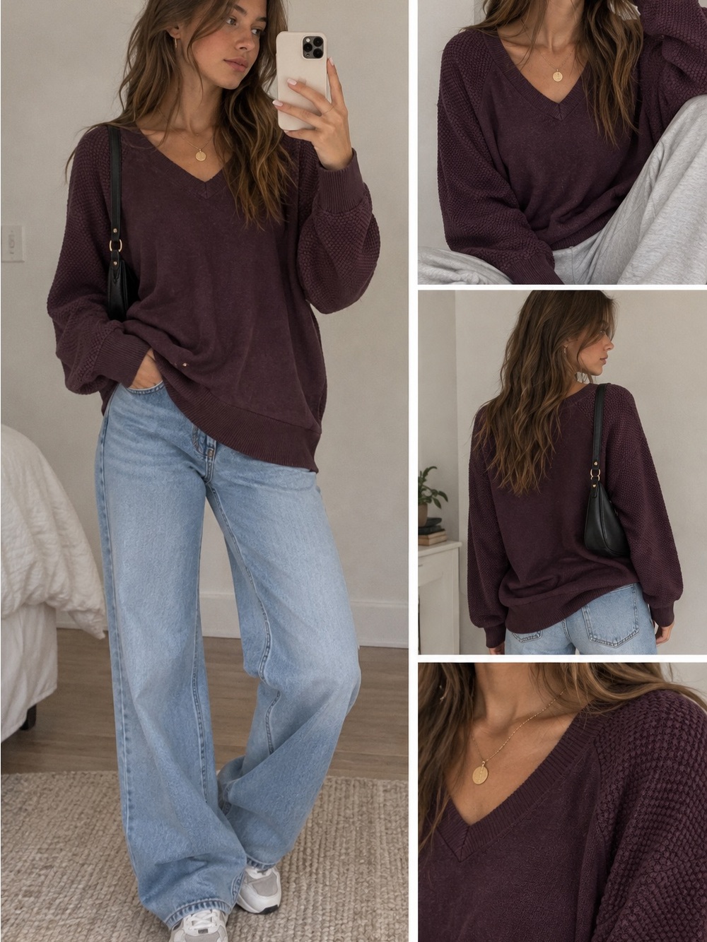 LOFT Brown V-Neck Casual Lightweight Preppy Cottagecore Textured Knit Sweater L